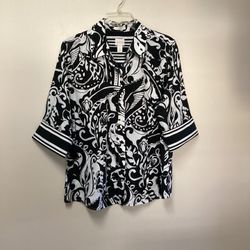 Women’s CHICO’S 100% cotton black & white short sleeve button down Lightweight shirt… Size 2 = Medium/12