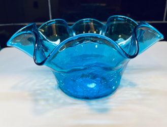 Vintage mid century BLENKO stunning crackle glass bowl with ruffled edge