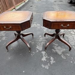 Vintage Single Drawer Octagonal Side Tables Faux Leather Top Pedestal Base with Casters