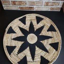 Round Rattan and Black Yarn Large 24" Wall Decor