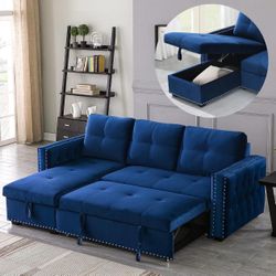 Velvet Reversible Sleeper Sectional Sofa L-Shape 3 Seat Sectional Couch with Storage (Blue)