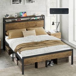Queen Size Platform Bed Frame with Charging Station Industrial Metal Bed Frame, 2-Tier Storage Headboard, Large Under-Bed Storage, Heavy Duty Slats, N