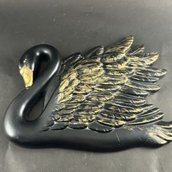 Vintage 1968 MILLER STUDIO Chalkware Swan, Black With Gold Accents Wall Plaque