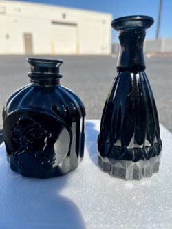 2 Vintage Black Glass Decanters