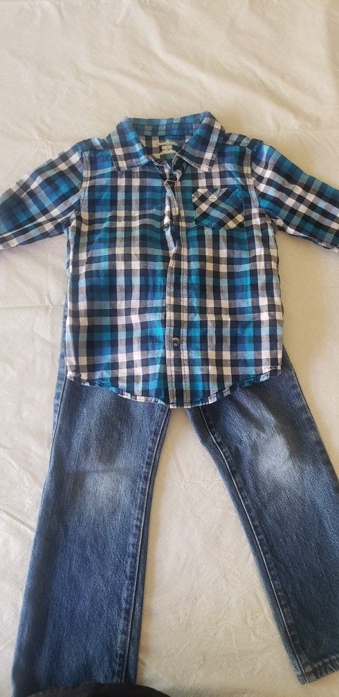Toodler Boy Long Sleeve Button Up Shirt With Jeans Set