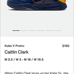 Kobe V Protro Caitlin Clark Indiana Men’s Size 10
