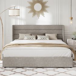 Light Beige Fabric King Size Bed Frame With Lift Top Storage