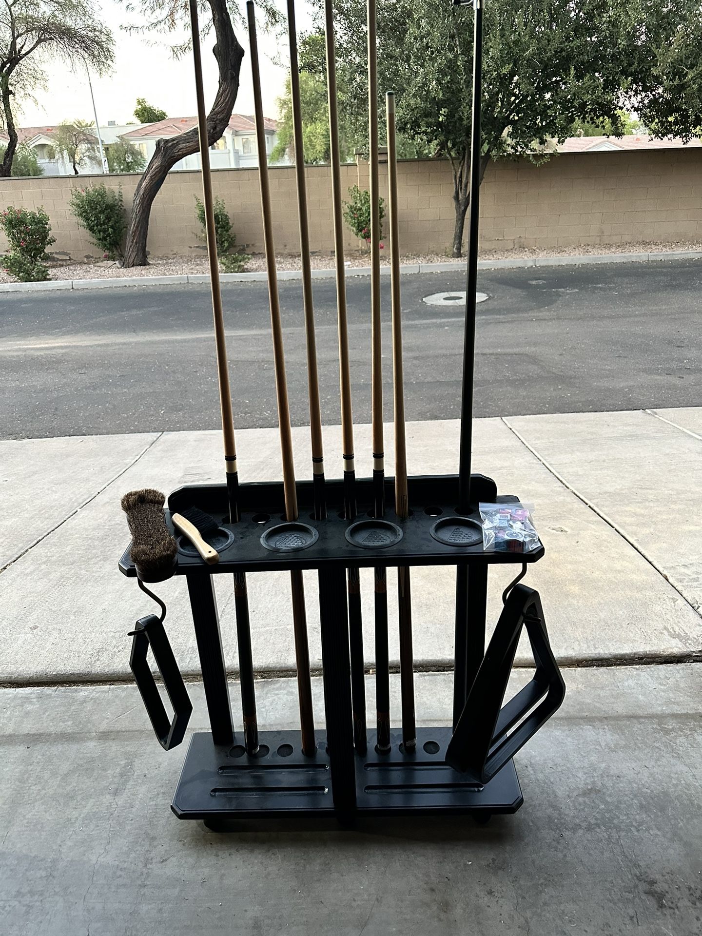 Pool Cues, Storage Rack, 8 And 9 Ball racks, Brushes, Chalk, Bridge, Tip Shaper