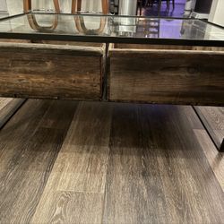 Industrial Metal Coffee Table With Rustic Vintage Boxes And Glass Top