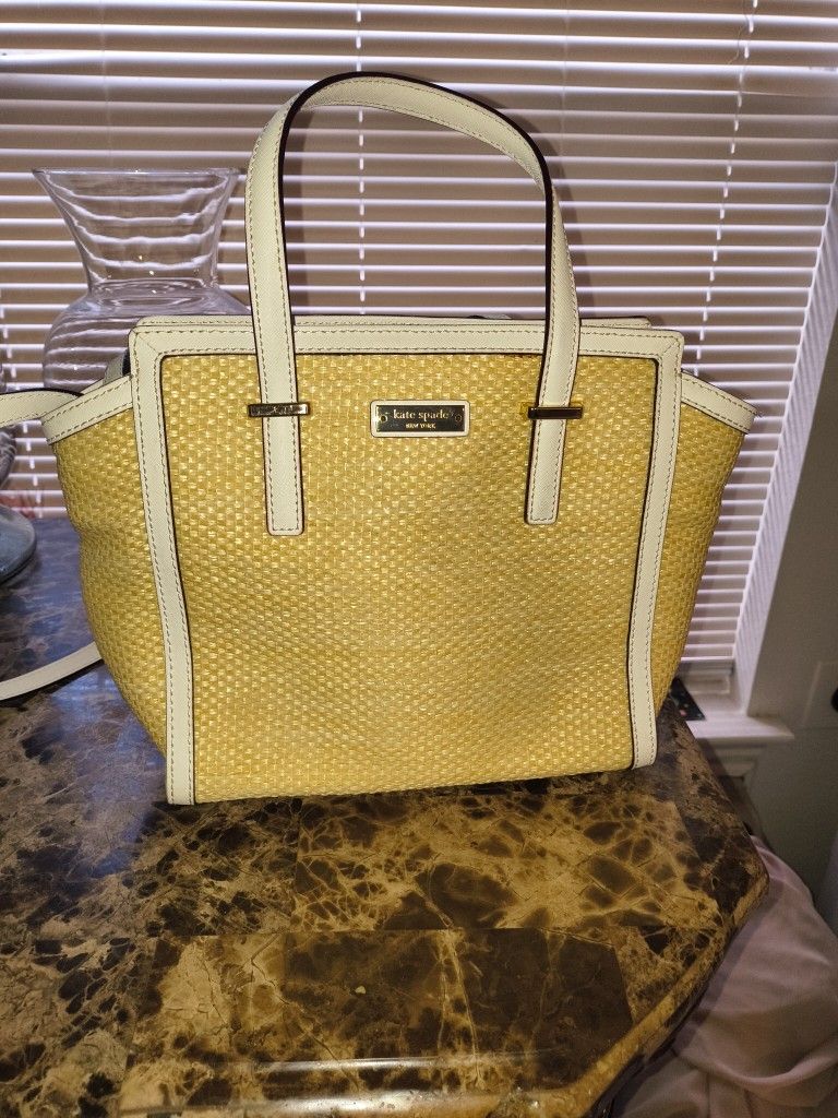 Kate Spade Cedar Street Straw Medium Tote Bag White Straps