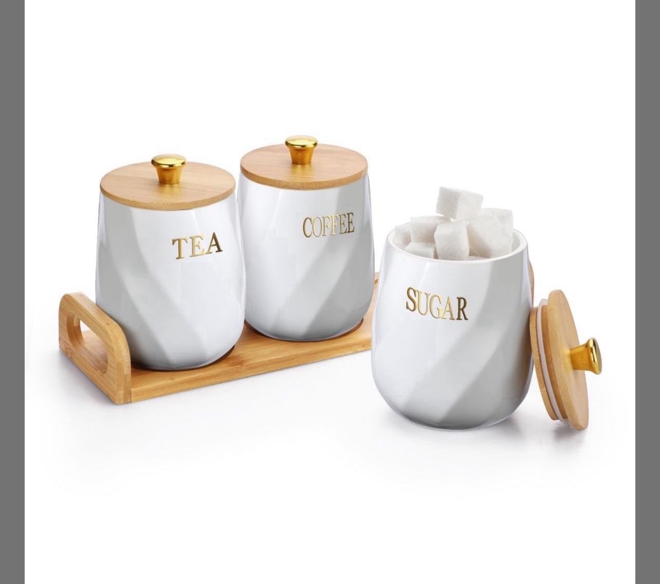 Set Of 3 Ceramic Canisters Set For Sugar Coffee Tea With Handle Tray, Luxurious Storage Containers Sets With Lids Decorative Storage Pots White Cerami