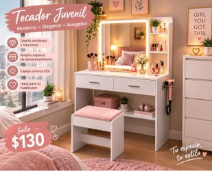 White Vanity Desk with LED Mirror and Stool