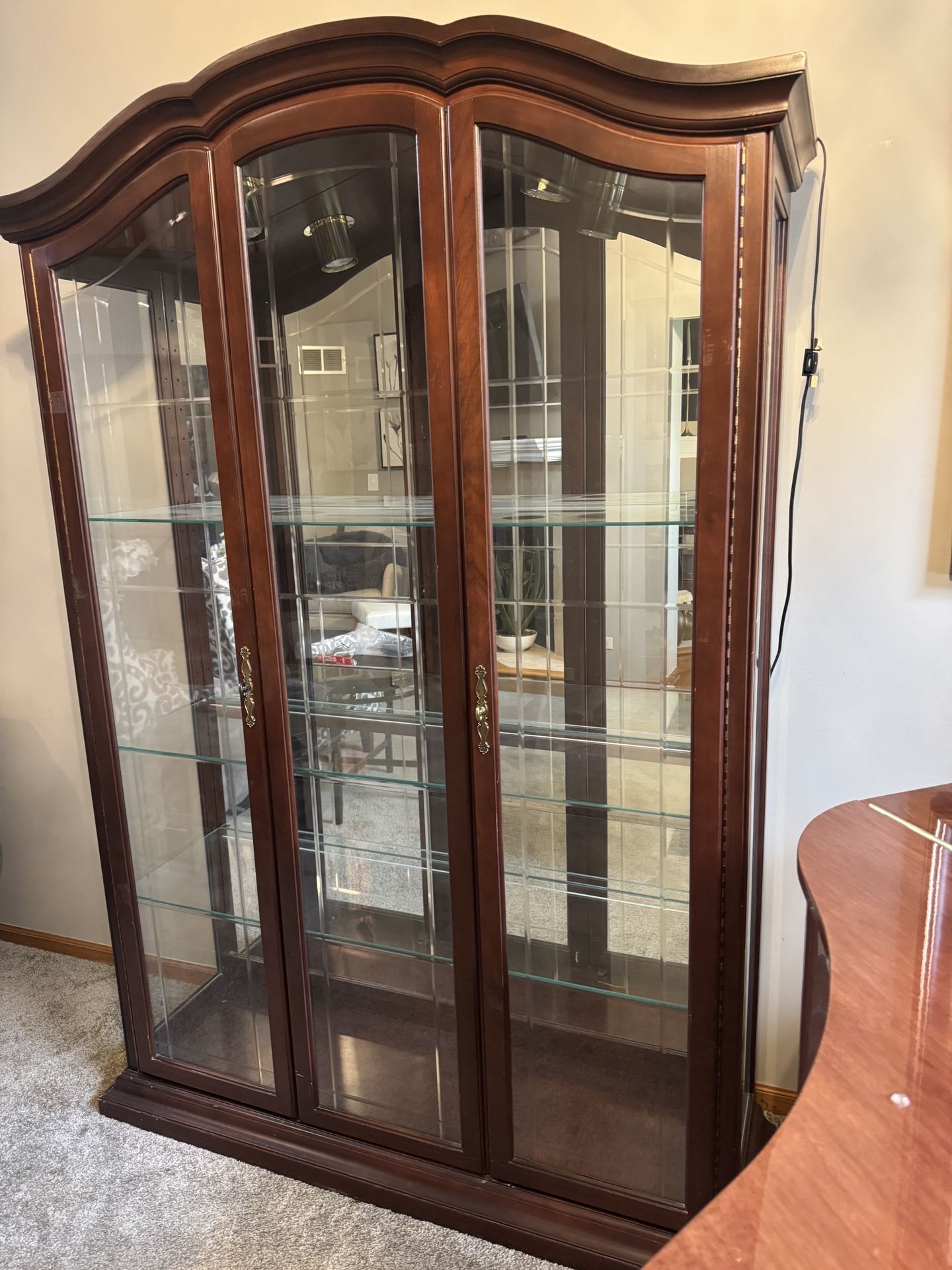Elegant Lighted Curio Cabinet – Glass Shelves, Mirrored Back, Excellent Condition