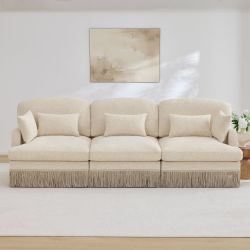 Target 100" Leopard Print Chenille 3-Seater Modular Sofa with Fringe Trim, Beige