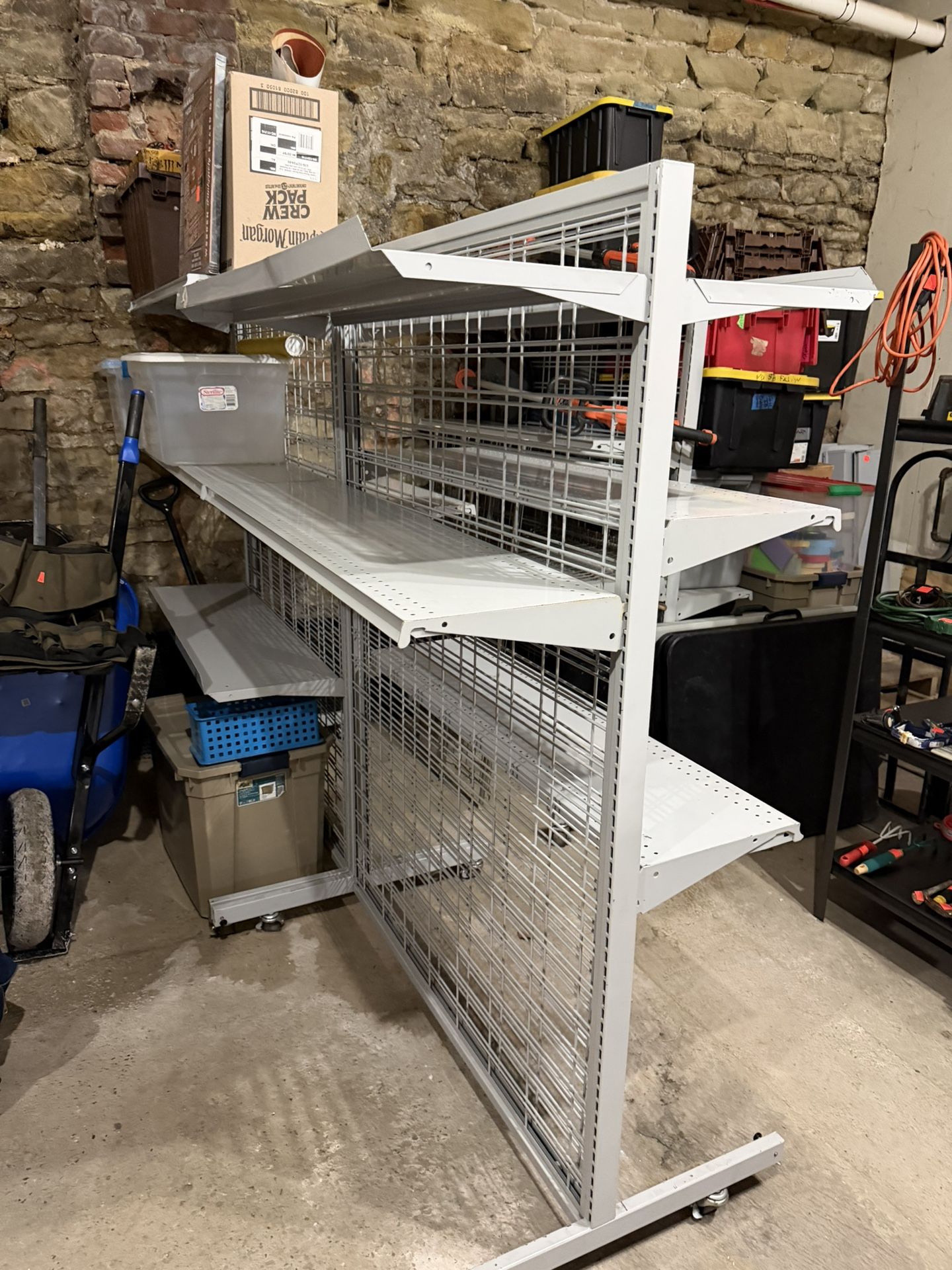 Commercial-grade, double-sided gondola shelving units on wheels (5 total) (Read ad before messaging)