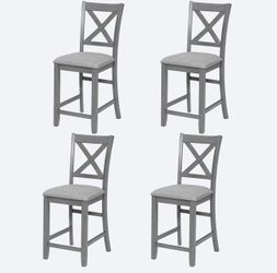 Counter Height Chairs Set of 4 Gray , Modern Rubberwood Bar Stools with Padded Linen Seat