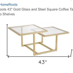 43" Gold Glass and Steel Square Coffee Table with Two Shelves