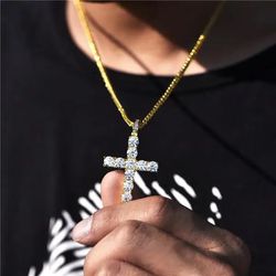 18k Solid gold 3mm Moissanite Cross Pendant Necklace Cuban Chain 