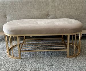 39”L Modern Velvet Upholstered Bench with Gold Storage Shelf