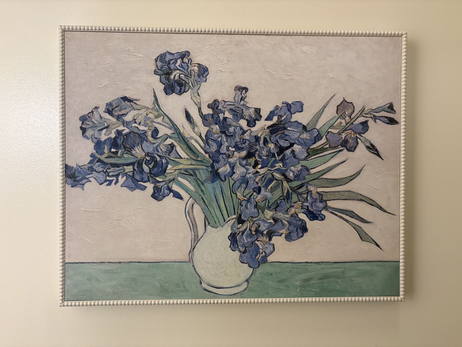 Vase with Violet Irises Against a Pink Background (28x22) by Vincent van Gogh — White Frame