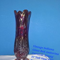 Vintage Indiana  Glass Red Amberina Carnival  Swung 10"Tall Vase With Sunset Hoster-$50.00
