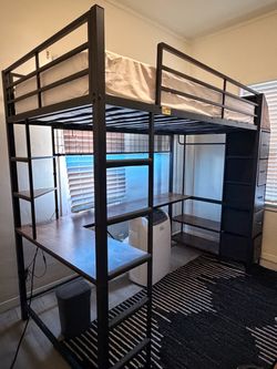Loft Bed Twin Size with Desk, Storage, Shoe Rack, Lights and Charging Station