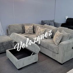 ✅️✅️3 pc smoke grey wide welt corduroy fabric sectional sofa with USB plugs square arms with chaise and storage ottoman✅️