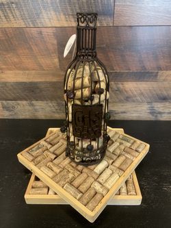Cork wire wine bottle and two cork trivets