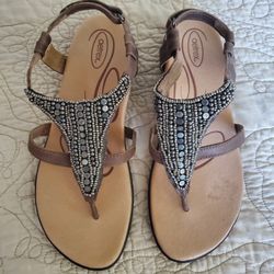 Aetrex Boho Studded Beads T-Strap Sandals Orthotic Support Brown Leather & Suede
