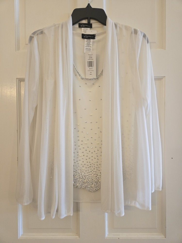 New Small S. Levine Ivory White Silver Rhinestone Pearl Formal Dress Shirt & Sheer Iridescent Shawl