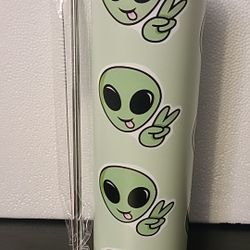 Alien GREEN PEACE Faces Space 20oz Skinny Tumbler Insulated Travel Mug Cup 