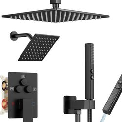 New Shower Faucet Set Matte Black Shower System, Ceiling Mount 10 Inch Shower Head With Wall Mount 6 Inch Shower Head and 2 in 1 Handheld Spray, Push 