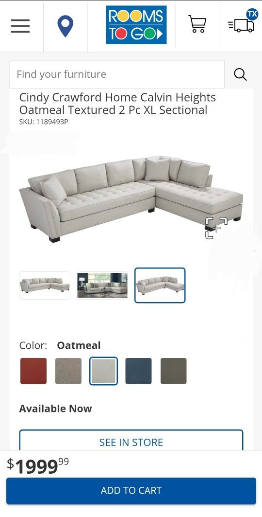 Cindy Crawford Home Calvin Heights Oatmeal Textured 2 Pc XL Sectional