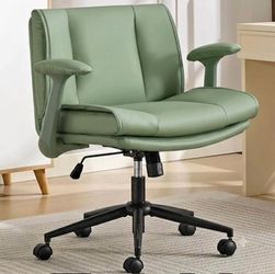 Criss Cross Chair with Flip-Up Armrests, Modern Green Leather Office Chair, Ergonomic, Cross Legged, Adjustable Height, 36 Inches