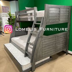 Twin/Full/Twin Gray Hoover Collection Bunk bed w. Orthopedic Mattresses Included 