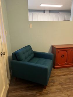 Peacock Blue Mid-Century Modern Sofa and Chair
