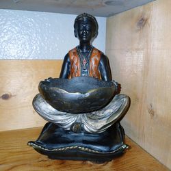 Cold Painted Bronze Of Man Sitting On Cushion Holding Bowl