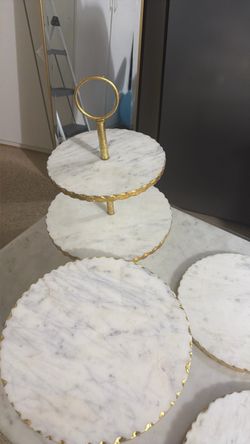6pc Marble and Gold 2-Tier Serving Stand with Plates