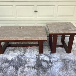Marble Coffee and End Table With Brown Wooden Base Set