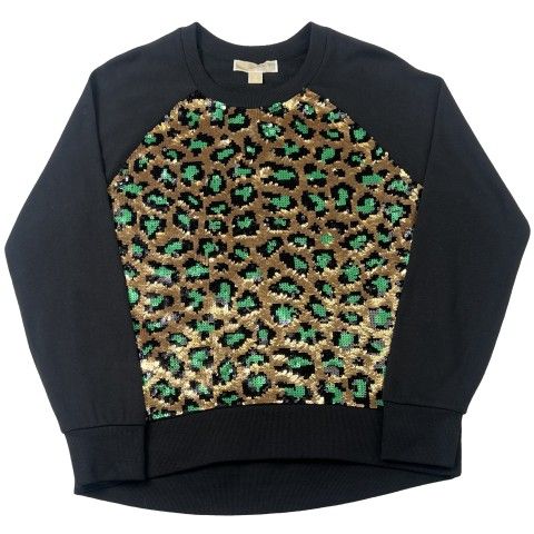 Michael KORS Michael Green And Gold Sequin Cheetah Sweater Medium.
