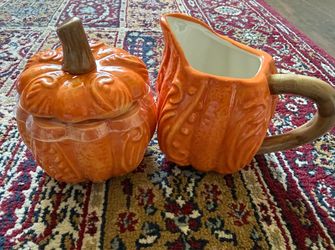 🎃 Pumpkin Ceramic Sugar Bowl & Creamer Set – Fall Decor