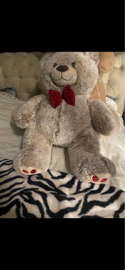 Medium size Gray Teddy Bear Plush with Red Bow Tie