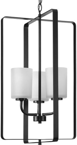 Progress Lighting League 3-Light Foyer Chandelier, Matte Black with Etched Glass