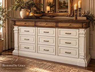 Magnificent Oversized French Provincial 12-Drawer Dresser | Custom Two-Tone Finish & Champagne Bronze Hardware