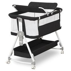 Baby Bassinet, 4 in 1 Bassinet with Diaper Changer, Bassinet Bedside Sleeper with Mattress, Bedside Bassinet with Wheels, Adjustable Bassinet for Newb