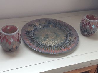 Swipe left for more pics. 3pc set. Candleholders and plate.Glass Mosaic.