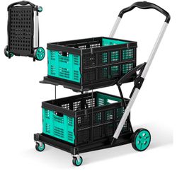 New-Collapsible Shopping Cart, 8-in-1 200LBS Multi Functional Utility Cart with 2 Storage Crate, Adjustable Handle Grocery Cart on Wheels for Shopping