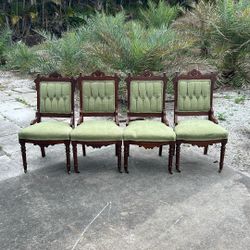 Four 4 Gorgeous Sage Green Antique Chairs  With Caster Wheels