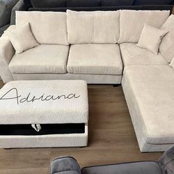 Elegant 3-Pc Ivory Corduroy Sectional Sofa With Storage Ottoman