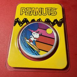 Peanuts Snoopy Surfing  1 oz Colorized Pure Silver Round 2021.